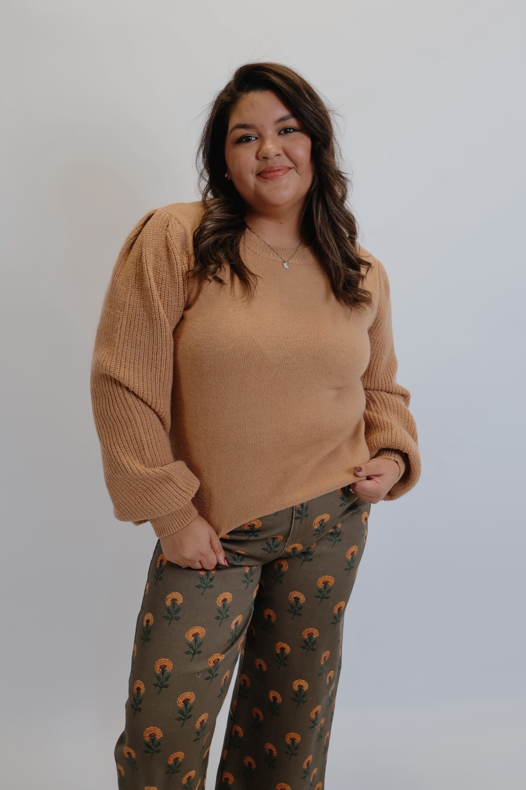 Pull à manches bouffantes en maille caramel