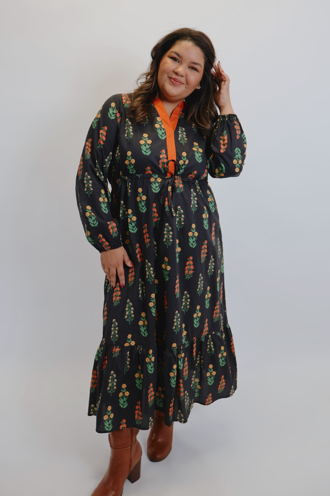 Robe midi à bordure contrastée Chemin de fleurs sauvages