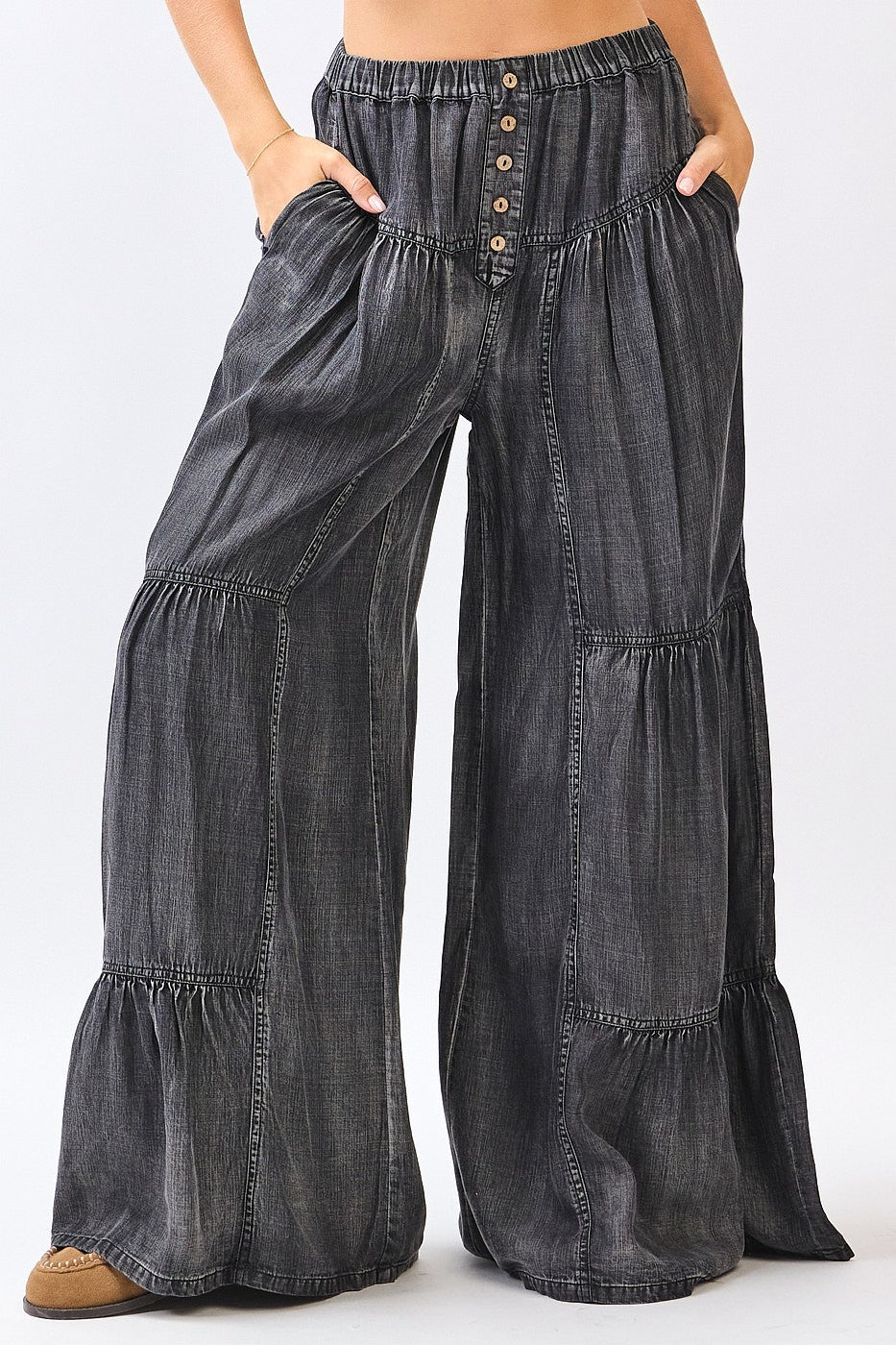 Pantalon bohème à volants en Tencel délavé à l'eau minérale
